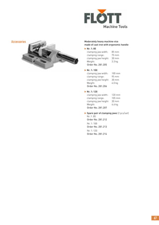 67
Accessories Moderately heavy machine vice
made of cast iron with ergonomic handle
 Nr. 1: 85
clamping jaw width: 85 mm
clamping range: 75 mm
clamping jaw height: 30 mm
Weight: 3.3 kg
Order No. 281.205
 Nr. 1: 100
clamping jaw width: 100 mm
clamping range: 95 mm
clamping jaw height: 30 mm
Weight: 4.0 kg
Order No. 281.206
 Nr. 1: 120
clamping jaw width: 120 mm
clamping range: 105 mm
clamping jaw height: 30 mm
Weight: 6.6 kg
Order No. 281.207
 Spare pair of clamping jaws (2 pcs/set)
Nr. 1: 85
Order No. 281.212
Nr. 1: 100
Order No. 281.213
Nr. 1: 120
Order No. 281.214
 