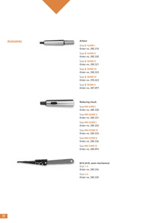 72
Arbour
Size B 16/MK I
Order no. 285.310
Size B 16/MK II
Order no. 285.320
Size B 18/MK II
Order no. 285.321
Size B 18/MK III
Order no. 285.323
Size B 18/MK IV
Order no. 290.323
Size B 18/MK V
Order no. 287.097
Reducing chuck
Size MK II/MK I
Order no. 285.330
Size MK III/MK II
Order no. 285.331
Size MK III/MK I
Order no. 285.332
Size MK IV/MK III
Order no. 285.333
Size MK IV/MK II
Order no. 285.336
Size MK V/MK IV
Order no. 285.092
Drill drift, semi-mechanical
Size 1-3
Order no. 285.334
Size 4-6
Order no. 285.335
Accessories
 