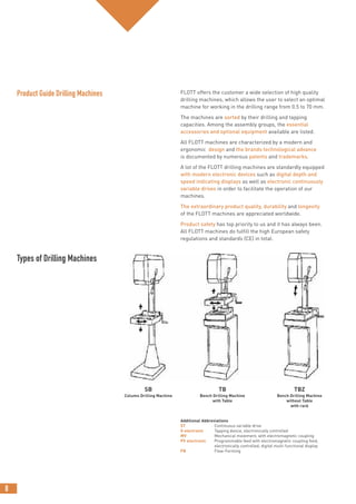 8
FLOTT offers the customer a wide selection of high quality
drilling machines, which allows the user to select an optimal
machine for working in the drilling range from 0.5 to 70 mm.
The machines are sorted by their drilling and tapping
capacities. Among the assembly groups, the essential
accessories and optional equipment available are listed.
All FLOTT machines are characterized by a modern and
ergonomic design and the brands technological advance
is documented by numerous patents and trademarks.
A lot of the FLOTT drilling machines are standardly equipped
with modern electronic devices such as digital depth and
speed indicating displays as well as electronic continuously
variable drives in order to facilitate the operation of our
machines.
The extraordinary product quality, durability and longevity
of the FLOTT machines are appreciated worldwide.
Product safety has top priority to us and it has always been.
All FLOTT machines do fulfill the high European safety
regulations and standards (CE) in total.
Product Guide Drilling Machines
Types of Drilling Machines
SB
Column Drilling Machine
Additional Abbreviations
ST Continuous variable drive
G electronic Tapping device, electronically controlled
MV Mechanical movement, with electromagnetic coupling
PV electronic Programmable feed with electromagnetic coupling feed,
electronically controlled; digital multi-functional display
FB Flow-Forming
TBZ
Bench Drilling Machine
without Table
with rack
TB
Bench Drilling Machine
with Table
 