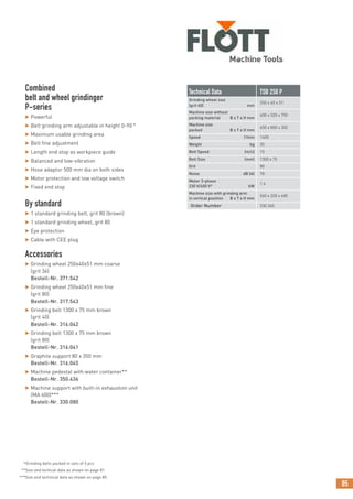 85
Combined
belt and wheel grindinger
P-series
 Powerful
 Belt grinding arm adjustable in height 0-90 °
 Maximum usable grinding area
 Belt fine adjustment
 Length end stop as workpiece guide
 Balanced and low-vibration
 Hose adaptor 500 mm dia on both sides
 Motor protection and low voltage switch
 Fixed end stop
By standard
 1 standard grinding belt, grit 80 (brown)
 1 standard grinding wheel,.grit 80
 Eye protection
 Cable with CEE plug
Accessories
 Grinding wheel 250x40x51 mm coarse
(grit 36)
Bestell-Nr. 371.542
 Grinding wheel 250x40x51 mm fine
(grit 80)
Bestell-Nr. 317.543
 Grinding belt 1300 x 75 mm brown
(grit 40)
Bestell-Nr. 316.042
 Grinding belt 1300 x 75 mm brown
(grit 80)
Bestell-Nr. 316.041
 Graphite support 80 x 350 mm
Bestell-Nr. 316.045
 Machine pedestal with water container**
Bestell-Nr. 350.436
 Machine support with built-in exhaustion unit
(MA 600)***
Bestell-Nr. 330.080
*Grinding belts packed in sets of 5 pcs
**Size and techical data as shown on page 81
***Size and technical data as shown on page 85
Technical Data TSB 250 P
Grinding wheel size
(grit 60) mm
250 x 40 x 51
Machine size without
packing material B x T x H mm
600 x 320 x 700
Machine size
packed B x T x H mm
650 x 800 x 350
Speed 1/min 1400
Weight kg 35
Belt Speed (m/s) 15
Belt Size (mm) 1300 x 75
Grit 80
Noise dB (A) 78
Motor 3-phase
230 V/400 V* kW
1.4
Machine size with grinding arm
in vertical position B x T x H mm
560 x 320 x 680
Order Number 330.360
 