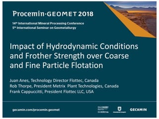 Impact of Hydrodynamic Conditions
and Frother Strength over Coarse
and Fine Particle Flotation
Juan Anes, Technology Director Flottec, Canada
Rob Thorpe, President Metrix Plant Technologies, Canada
Frank Cappuccitti, President Flottec LLC, USA
 