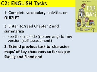 1. Complete vocabulary activities on
QUIZLET
2. Listen to/read Chapter 2 and
summarise
- see the last slide (no peeking) for my
version (self-assessment)
3. Extend previous task to ‘character
maps’ of key characters so far (as per
Skellig and Floodland
C2: ENGLISH Tasks
 