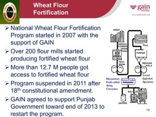 19
Wheat Flour
Fortification
 National Wheat Flour Fortification
Program started in 2007 with the
support of GAIN
 Over 200 flour mills started
producing fortified wheat flour
 More than 12.7 M people got
access to fortified wheat flour
 Program suspended in 2011 after
18th constitutional amendment.
 GAIN agreed to support Punjab
Government toward end of 2013 to
restart the program.
 
