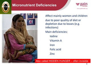 9
Micronutrient Deficiencies
Affect mainly women and children
due to poor quality of diet or
depletion due to losses (e.g.
infections)
Main deficiencies:
Iodine
Vitamin A
Iron
Folic acid
Zinc
Also called HIDDEN HUNGER – often invisible
 