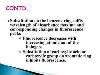 Substitution on the benzene ring shifts
wavelength of absorbance maxima and
corresponding changes in fluorescence
peaks
 Fluorescence decreases with
increasing atomic no: of the
halogen.
 Substitution of carboxylic acid or
carboxylic group on aromatic ring
inhibits fluorescence.
 