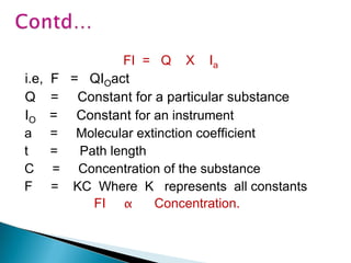 FI = Q X Ia
i.e, F = QIOact
Q = Constant for a particular substance
IO = Constant for an instrument
a = Molecular extinction coefficient
t = Path length
C = Concentration of the substance
F = KC Where K represents all constants
FI α Concentration.
 