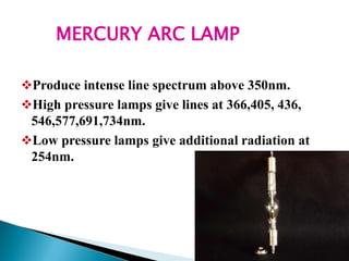 MERCURY ARC LAMP
Produce intense line spectrum above 350nm.
High pressure lamps give lines at 366,405, 436,
546,577,691,734nm.
Low pressure lamps give additional radiation at
254nm.
 