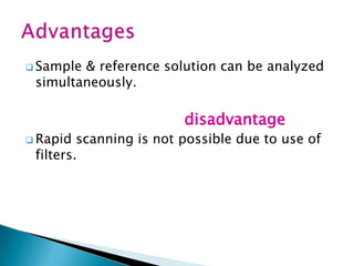 Sample & reference solution can be analyzed
simultaneously.
disadvantage
 Rapid scanning is not possible due to use of
filters.
 