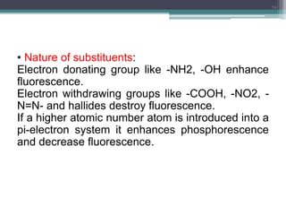 • Nature of substituents:
Electron donating group like -NH2, -OH enhance
fluorescence.
Electron withdrawing groups like -COOH, -NO2, -
N=N- and hallides destroy fluorescence.
If a higher atomic number atom is introduced into a
pi-electron system it enhances phosphorescence
and decrease fluorescence.
14
 
