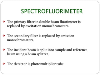  The primary filter in double beam fluorimeter is
replaced by excitation monochromaters.
 The secondary filter is replaced by emission
monochromaters.
 The incident beam is split into sample and reference
beam using a beam splitter.
 The detector is photomultiplier tube.
 
