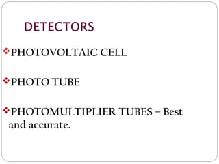 PHOTOVOLTAIC CELL
PHOTO TUBE
PHOTOMULTIPLIER TUBES – Best
and accurate.
 