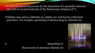 Collisional quenching occurs by the interaction of a quencher molecule
(Q) with an excited molecule of the fluorescing substance (F*).
Halides ions such as chlorides or, iodides are well known collisional
quenchers. For example, quenching of quinine drug by chloride ion.
 Quenching of
fluorescence in presence chloride ion
28
 