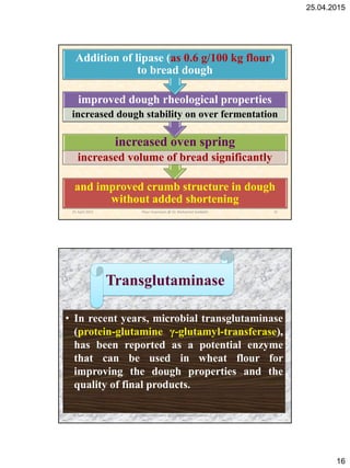 25.04.2015
16
and improved crumb structure in dough
without added shortening
increased oven spring
increased volume of bread significantly
improved dough rheological properties
increased dough stability on over fermentation
Addition of lipase (as 0.6 g/100 kg flour)
to bread dough
25 April 2015 31Flour Improvers @ Dr. Mohamed Gadallah
• In recent years, microbial transglutaminase
(protein-glutamine γ-glutamyl-transferase),
has been reported as a potential enzyme
that can be used in wheat flour for
improving the dough properties and the
quality of final products.
Transglutaminase
25 April 2015 32Flour Improvers @ Dr. Mohamed Gadallah
 