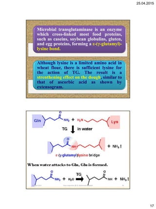 25.04.2015
17
Microbial transglutaminase is an enzyme
which cross-linked most food proteins,
such as caseins, soybean globulins, gluten,
and egg proteins, forming a ε-(γ-glutamyl)-
lysine bond.
Although lysine is a limited amino acid in
wheat flour, there is sufficient lysine for
the action of TG. The result is a
strenthening effect on the dough, similar to
that of ascorbic acid as shown by
extensogram.
25 April 2015 33Flour Improvers @ Dr. Mohamed Gadallah
25 April 2015 34Flour Improvers @ Dr. Mohamed Gadallah
 