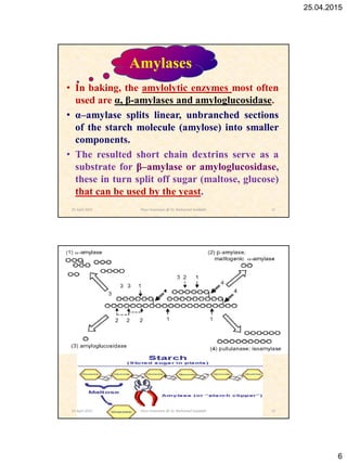 25.04.2015
6
• In baking, the amylolytic enzymes most often
used are α, β-amylases and amyloglucosidase.
• α–amylase splits linear, unbranched sections
of the starch molecule (amylose) into smaller
components.
• The resulted short chain dextrins serve as a
substrate for β–amylase or amyloglucosidase,
these in turn split off sugar (maltose, glucose)
that can be used by the yeast.
Amylases
25 April 2015 11Flour Improvers @ Dr. Mohamed Gadallah
25 April 2015 12Flour Improvers @ Dr. Mohamed Gadallah
 