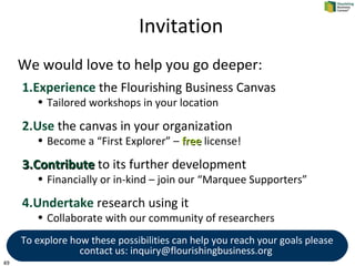 49
Invitation
We would love to help you go deeper:
1.Experience the Flourishing Business Canvas
• Tailored workshops in yo...