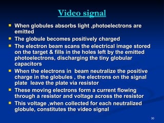 Video signal
   When globules absorbs light ,photoelectrons are
    emitted
   The globule becomes positively charged
   The electron beam scans the electrical image stored
    on the target & fills in the holes left by the emitted
    photoelectrons, discharging the tiny globular
    capacitors
   When the electrons in beam neutralize the positive
    charge in the globules , the electrons on the signal
    plate leave the plate via resistor
   These moving electrons form a current flowing
    through a resistor and voltage across the resistor
   This voltage ,when collected for each neutralized
    globule, constitutes the video signal
                                                             30
 