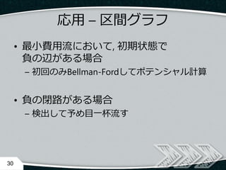 応用 – 区間グラフ
• 最小費用流において, 初期状態で
負の辺がある場合
– 初回のみBellman-Fordしてポテンシャル計算
• 負の閉路がある場合
– 検出して予め目一杯流す
30
 