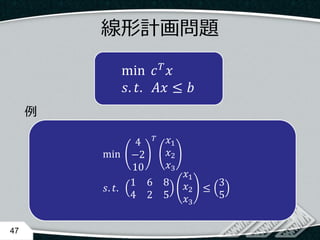線形計画問題
min 𝑐 𝑇
𝑥
𝑠. 𝑡. 𝐴𝑥 ≤ 𝑏
47
min
4
−2
10
𝑇 𝑥1
𝑥2
𝑥3
𝑠. 𝑡.
1 6 8
4 2 5
𝑥1
𝑥2
𝑥3
≤
3
5
例
 