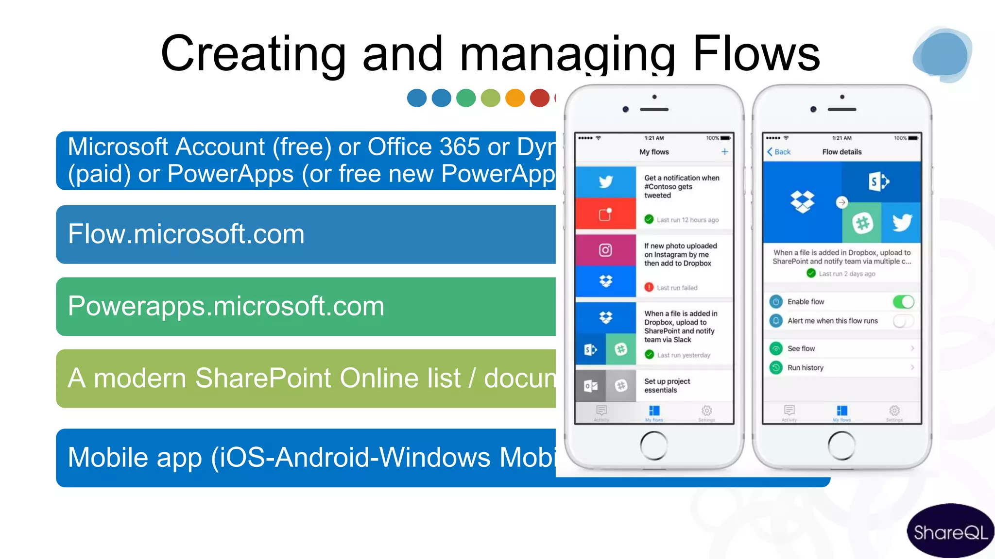 Creating and managing Flows
Microsoft Account (free) or Office 365 or Dynamics 365 or Flow
(paid) or PowerApps (or free new PowerApps Community Plan)
Flow.microsoft.com
Powerapps.microsoft.com
A modern SharePoint Online list / document library
Mobile app (iOS-Android-Windows Mobile)
 