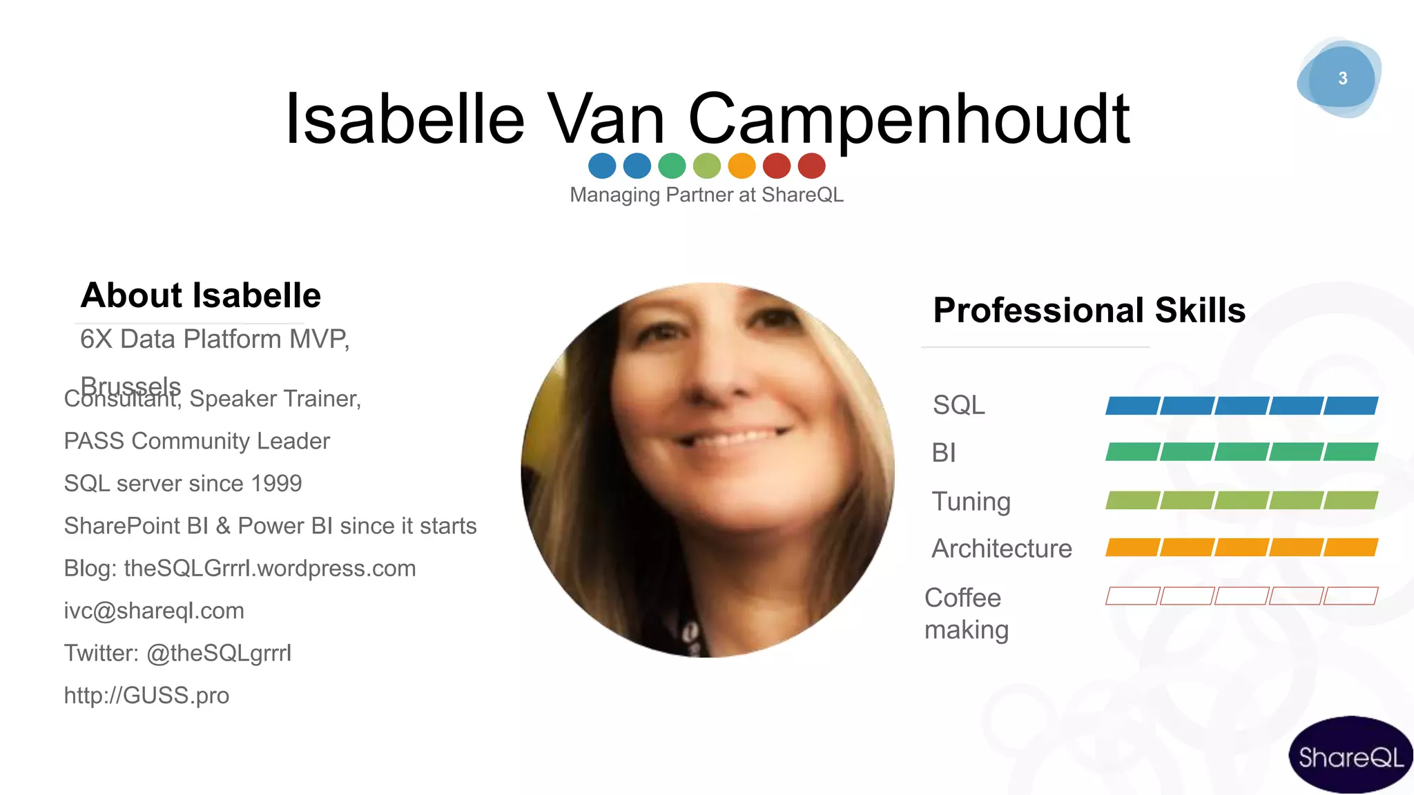 3
Isabelle Van Campenhoudt
Managing Partner at ShareQL
About Isabelle
6X Data Platform MVP,
BrusselsConsultant, Speaker Trainer,
PASS Community Leader
SQL server since 1999
SharePoint BI & Power BI since it starts
Blog: theSQLGrrrl.wordpress.com
ivc@shareql.com
Twitter: @theSQLgrrrl
http://GUSS.pro
SQL
BI
Tuning
Architecture
Coffee
making
Professional Skills
 