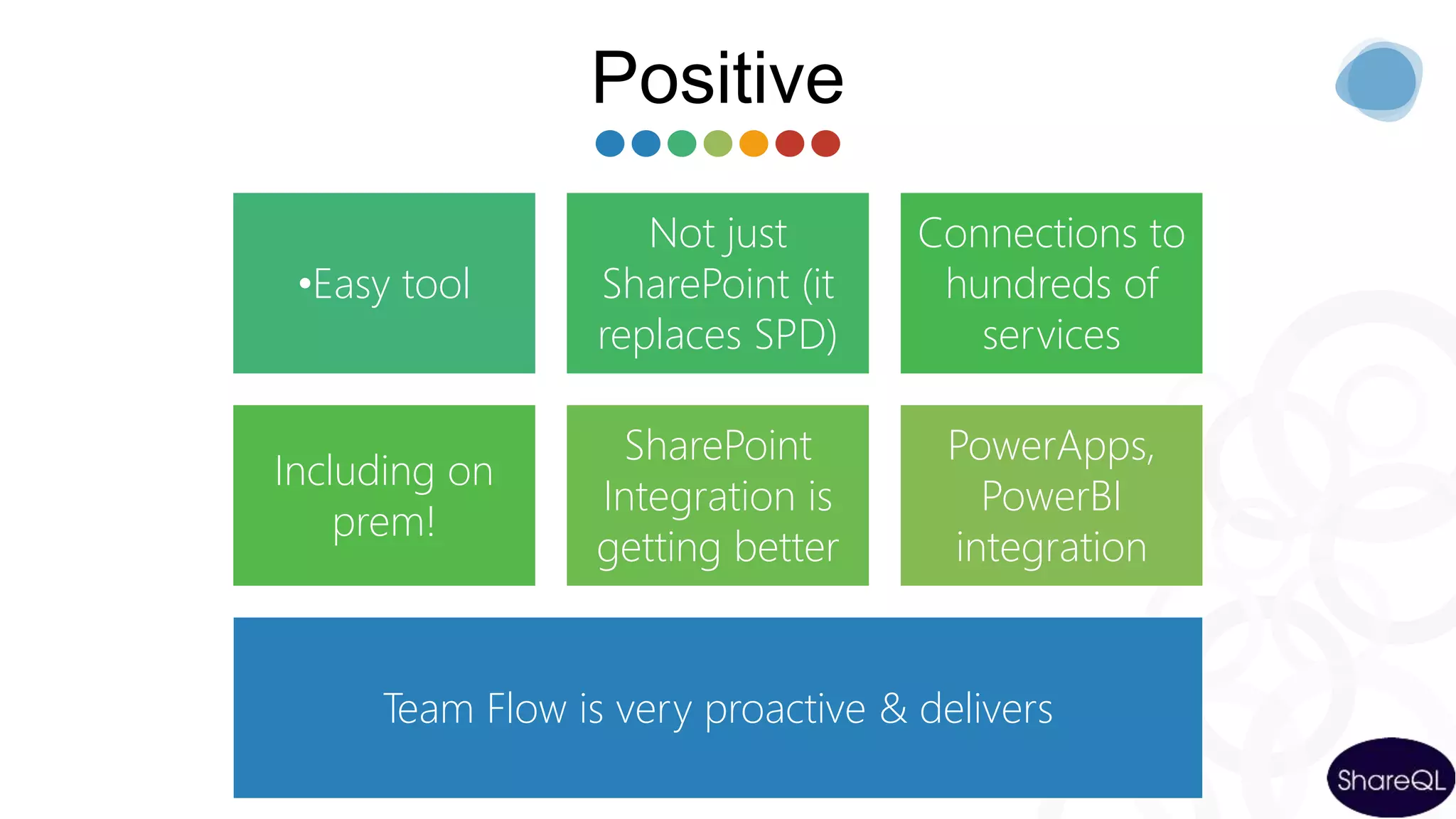 Positive
•Easy tool
Not just
SharePoint (it
replaces SPD)
Connections to
hundreds of
services
Including on
prem!
SharePoint
Integration is
getting better
PowerApps,
PowerBI
integration
Team Flow is very proactive & delivers
 