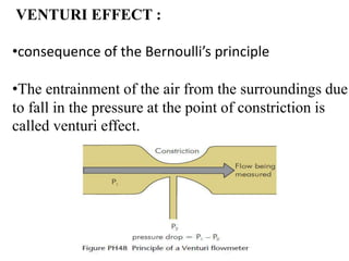 VENTURI EFFECT :
•consequence of the Bernoulli’s principle
•The entrainment of the air from the surroundings due
to fall in the pressure at the point of constriction is
called venturi effect.
 