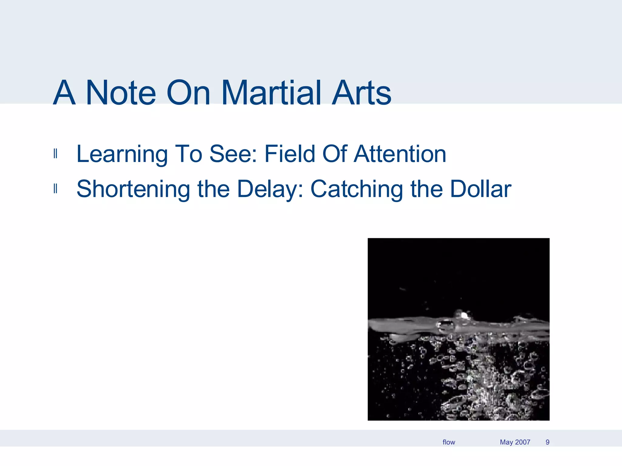 A Note On Martial Arts Learning To See: Field Of Attention Shortening the Delay: Catching the Dollar 