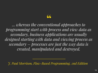 “... whereas the conventional approaches to
programming start with process and view data as
secondary, business applicatio...