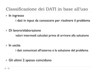 Classificazione dei DATI in base all’uso
12
 In ingresso
i dati in input da conoscere per risolvere il problema
 Di lavoro/elaborazione
valori intermedi calcolati prima di arrivare alla soluzione
 In uscita
i dati comunicati all’esterno e la soluzione del problema
 Gli ultimi 2 spesso coincidono
 
