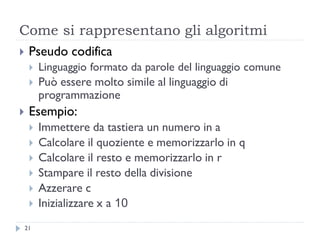 Come si rappresentano gli algoritmi
21
 Pseudo codifica
 Linguaggio formato da parole del linguaggio comune
 Può essere molto simile al linguaggio di
programmazione
 Esempio:
 Immettere da tastiera un numero in a
 Calcolare il quoziente e memorizzarlo in q
 Calcolare il resto e memorizzarlo in r
 Stampare il resto della divisione
 Azzerare c
 Inizializzare x a 10
 
