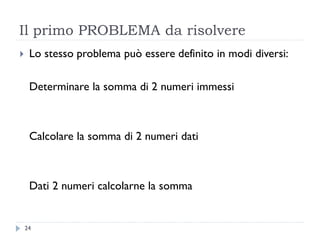 Il primo PROBLEMA da risolvere
 Lo stesso problema può essere definito in modi diversi:
Determinare la somma di 2 numeri immessi
Calcolare la somma di 2 numeri dati
Dati 2 numeri calcolarne la somma
24
 