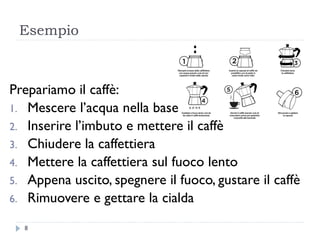 Esempio
Prepariamo il caffè:
1. Mescere l’acqua nella base
2. Inserire l’imbuto e mettere il caffè
3. Chiudere la caffettiera
4. Mettere la caffettiera sul fuoco lento
5. Appena uscito, spegnere il fuoco, gustare il caffè
6. Rimuovere e gettare la cialda
8
 