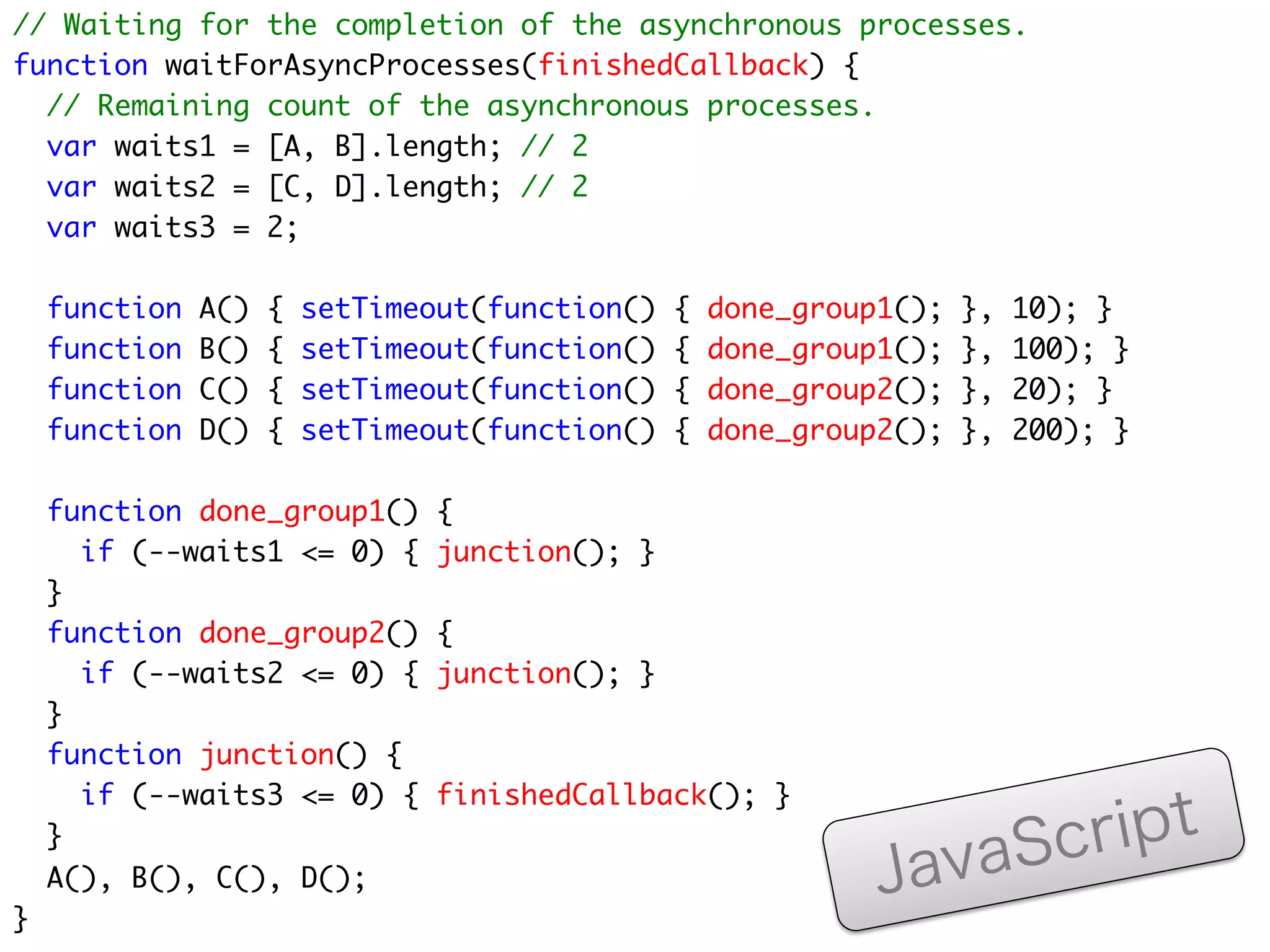 非同期に完了する2つのグループと、
それらを待ち合わせるJunctionによる
    非同期プログラミング



 非同期処理グループ1

処理A      処理B
                    junction


                ﬁnishedCallback


 非同期処理グループ2


                       ript
処理C      処理D

               Ja vaSc
 