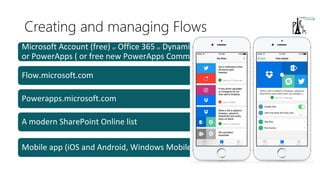 Creating and managing Flows
Microsoft Account (free) or Office 365 or Dynamics 365 or Flow (paid)
or PowerApps ( or free new PowerApps Community Plan)
Flow.microsoft.com
Powerapps.microsoft.com
A modern SharePoint Online list
Mobile app (iOS and Android, Windows Mobile is coming)
 