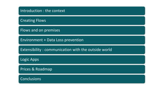 Flows and on premises
Environment + Data Loss prevention
Extensibility : communication with the outside world
Logic Apps
Prices & Roadmap
Creating Flows
Introduction : the context
Conclusions
 