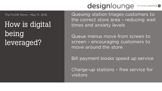 How is digital
being
leveraged?
The FLOW Story – May 17, 2016 Queuing station triages customers to
the correct store area – reducing wait
times and anxiety levels
Queue menus move from screen to
screen – encouraging customers to
move around the store
Bill payment kiosks speed up service
Charge-up stations – free service for
visitors
 