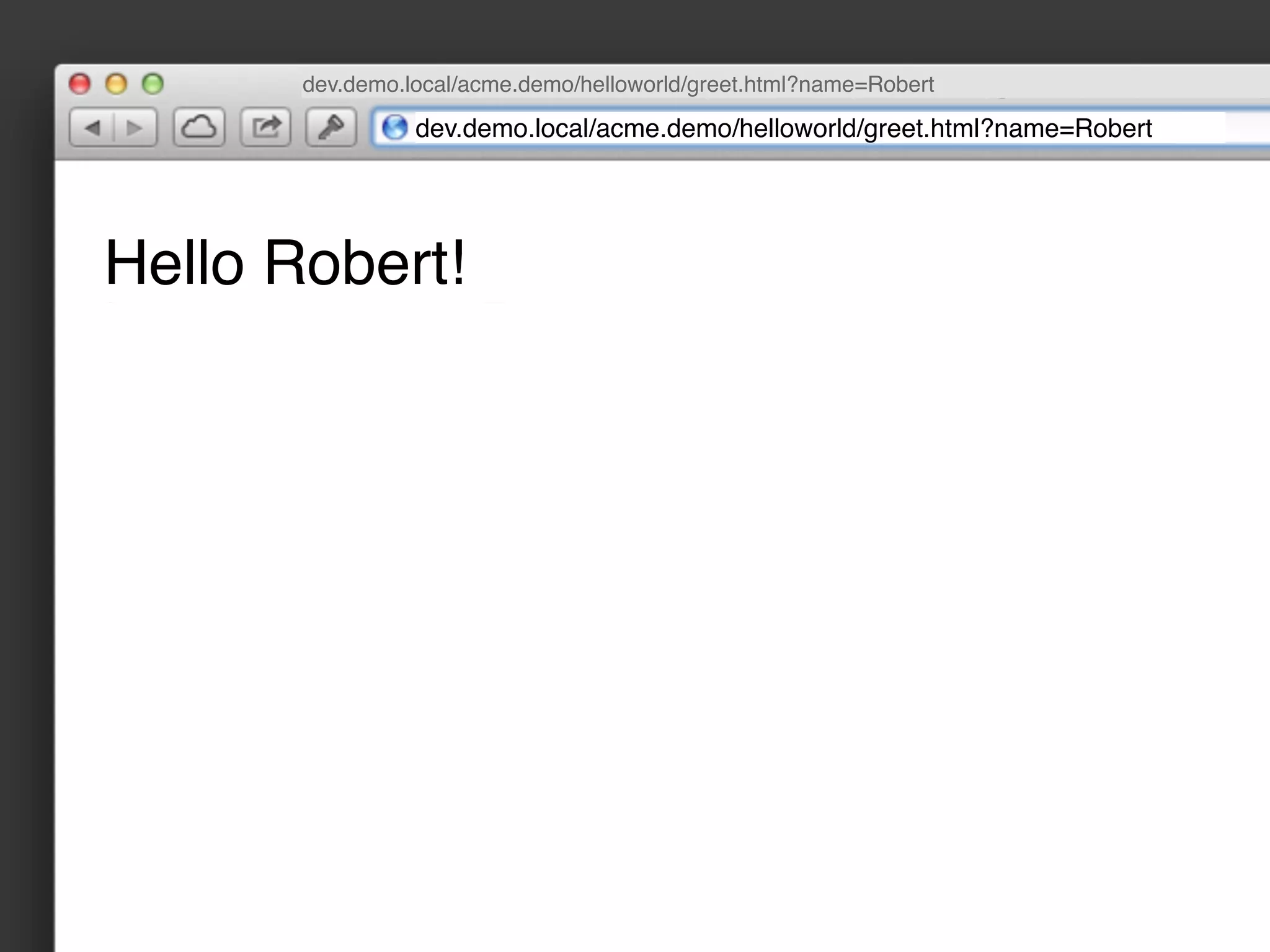 dev.demo.local/acme.demo/helloworld/greet.html?name=Robert

                 dev.demo.local/acme.demo/helloworld/greet.html?name=Robert




Hello Robert!
 