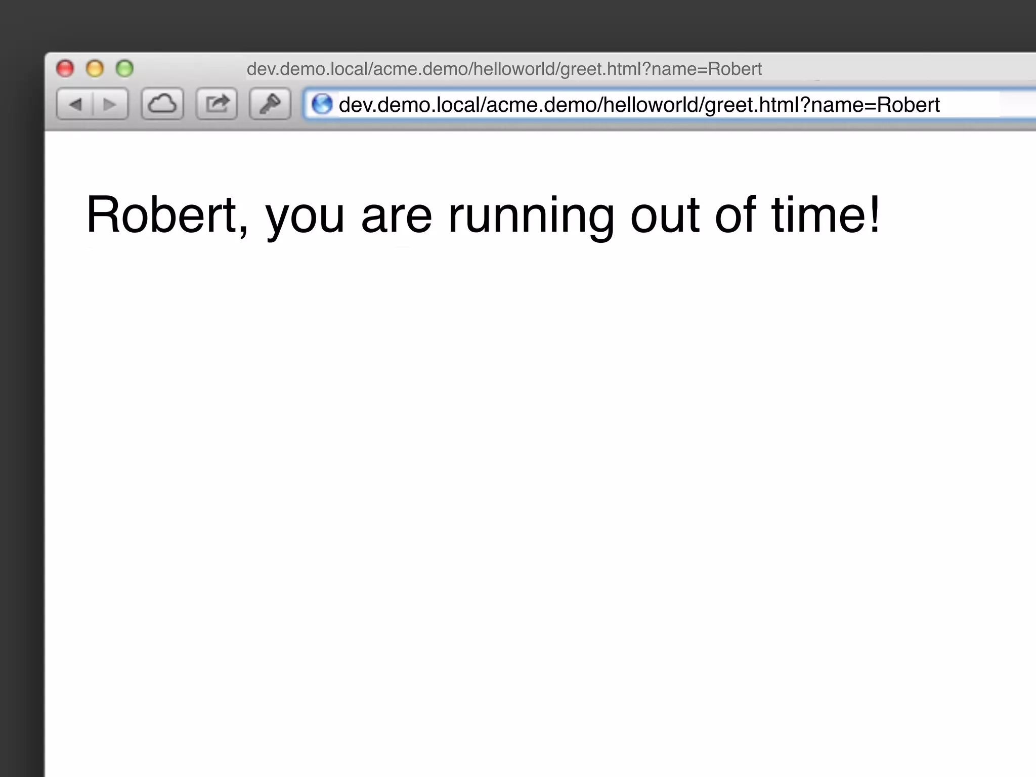 dev.demo.local/acme.demo/helloworld/greet.html?name=Robert

                 dev.demo.local/acme.demo/helloworld/greet.html?name=Robert




Robert, you are running out of time!
 