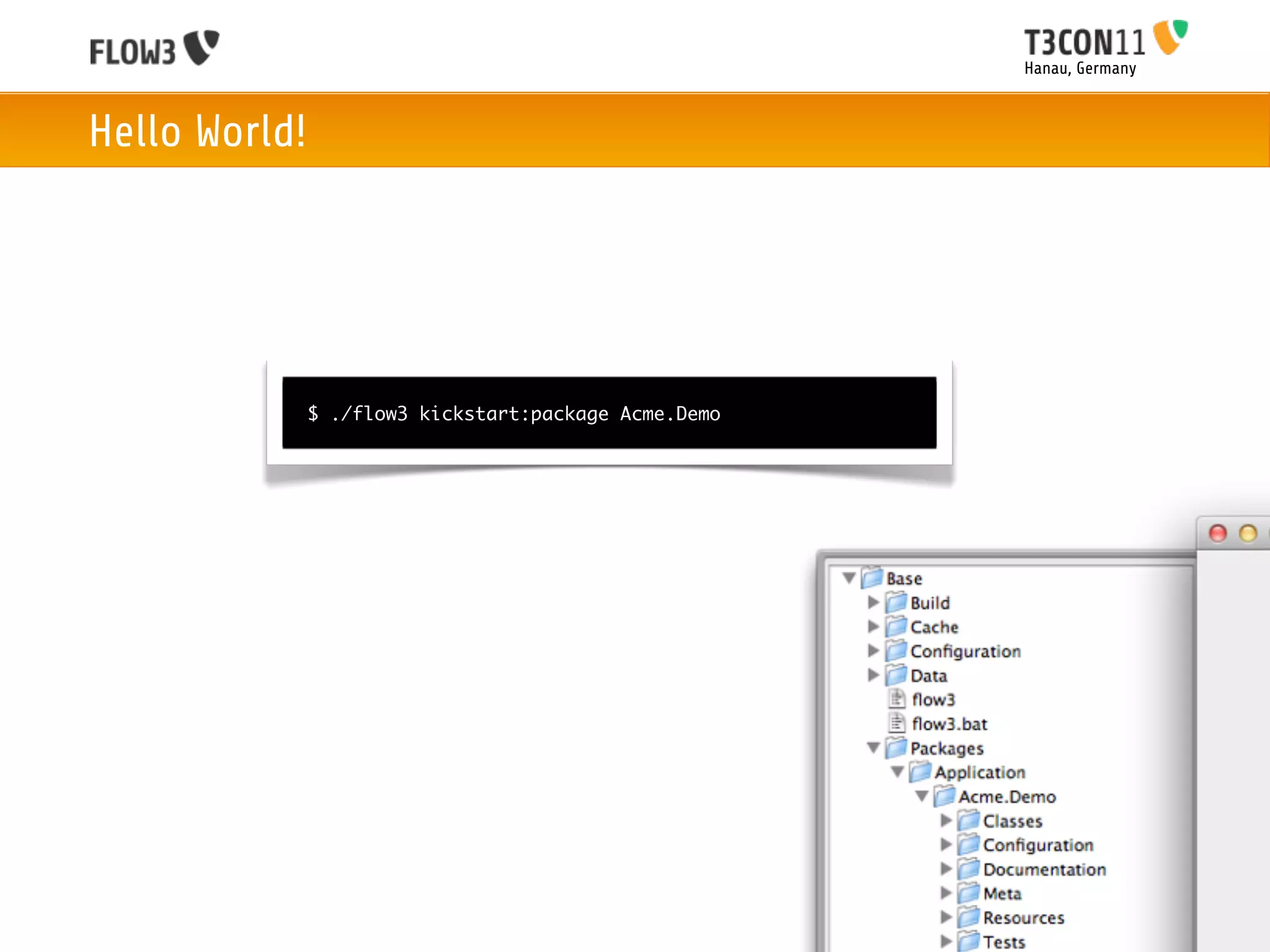 Hanau, Germany



Hello World!




               $ ./flow3 kickstart:package Acme.Demo
 