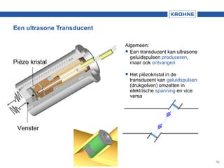 10
Een ultrasone Transducent
Algemeen:
 Een transducent kan ultrasone
geluidspulsen produceren,
maar ook ontvangen
 Het piëzokristal in de
transducent kan geluidspulsen
(drukgolven) omzetten in
elektrische spanning en vice
versa
Piëzo kristal
Venster
 