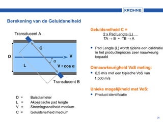 26
Berekening van de Geluidsnelheid
D = Buisdiameter
L = Akoestische pad lengte
V = Stromingssnelheid medium
C = Geluidsnelheid medium
V • cos α
V
α
L
D
C
Transducent A
Transducent B
Geluidsnelheid C =
2 x Pad Lengte (L)
TA → B + TB → A
 Pad Lengte (L) wordt tijdens een calibratie
in het productieproces zeer nauwkeurig
bepaald
Onnauwkeurigheid VoS meting:
 0,5 m/s met een typische VoS van
1.500 m/s
Unieke mogelijkheid met VoS:
 Product identificatie
 