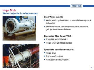 34
Hoge Druk
Water injectie in oliebronnen
Bron Water Injectie
 Water wortd geïnjecteerd om de oliebron op druk
te houden
 Zeewater wordt behandeld alvorens het wordt
geïnjecteerd in de oliebron
Bluewater Glas Dowr FPSO
 2 x UFM 500 K/Ex/HP
 Hoge Druk: 2500 lbs flenzen
Specifieke voordelen vanUFM:
 Hoge Druk
 Extreme Condities
 Robust en Betrouwbaar!
 