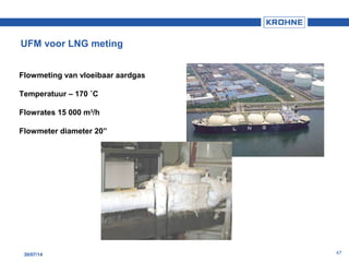4730/07/14
UFM voor LNG meting
Flowmeting van vloeibaar aardgas
Temperatuur – 170 ˚C
Flowrates 15 000 m3
/h
Flowmeter diameter 20”
 