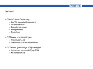 Inhoud
2
 Total Cost of Ownership
 CAPEX (Aanschaffingskosten)
 Installatie kosten
 Operationele kosten
 Energiekosten
 Onderhoud
 TCO voor procesmetingen
 Praktijkvoorbeeld
 Overzicht voor flowmeetprincipes
 TCO voor ijkwaardige (CT) metingen
 Invloed van normen (MID) op TCO
 Meetonzekerheid
 