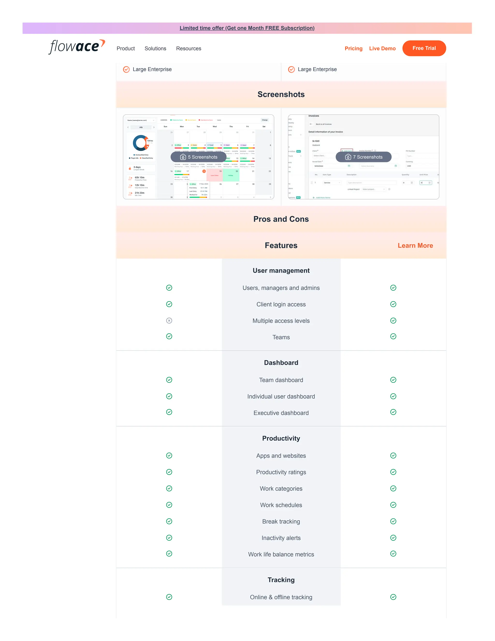 User management
 Users, managers and admins 
 Client login access 
 Multiple access levels 
 Teams 
Dashboard
 Team dashboard 
 Individual user dashboard 
 Executive dashboard 
Productivity
 Apps and websites 
 Productivity ratings 
 Work categories 
 Work schedules 
 Break tracking 
 Inactivity alerts 
 Work life balance metrics 
Tracking
 Online & offline tracking 
Freelancers
Small businesses
Mid-size businesses
Large Enterprise
Freelancers
Small businesses
Mid-size businesses
Large Enterprise
Screenshots
5 Screenshots 7 Screenshots
Pros and Cons
Features Learn More
Limited time offer (Get one Month FREE Subscription)
Product Solutions Resources Pricing Live Demo Free Trial
 
