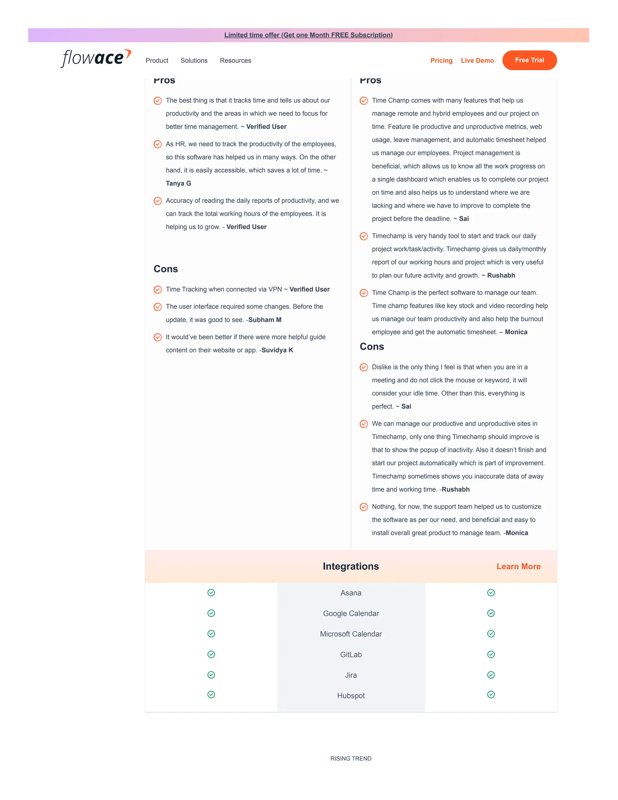 9.5
Product Direction (% positive)
9.4
Pros
Cons
8.9
Product Direction (% positive)
9.0
Pros
Cons
 Asana 
 Google Calendar 
 Microsoft Calendar 
 GitLab 
 Jira 
 Hubspot 
RISING TREND
The best thing is that it tracks time and tells us about our
productivity and the areas in which we need to focus for
better time management. ~ Verified User
As HR, we need to track the productivity of the employees,
so this software has helped us in many ways. On the other
hand, it is easily accessible, which saves a lot of time. ~
Tanya G
Accuracy of reading the daily reports of productivity, and we
can track the total working hours of the employees. It is
helping us to grow. - Verified User
Time Tracking when connected via VPN ~ Verified User
The user interface required some changes. Before the
update, it was good to see. -Subham M
It would’ve been better if there were more helpful guide
content on their website or app. -Suvidya K
Time Champ comes with many features that help us
manage remote and hybrid employees and our project on
time. Feature lie productive and unproductive metrics, web
usage, leave management, and automatic timesheet helped
us manage our employees. Project management is
beneficial, which allows us to know all the work progress on
a single dashboard which enables us to complete our project
on time and also helps us to understand where we are
lacking and where we have to improve to complete the
project before the deadline. ~ Sai
Timechamp is very handy tool to start and track our daily
project work/task/activity. Timechamp gives us daily/monthly
report of our working hours and project which is very useful
to plan our future activity and growth. ~ Rushabh
Time Champ is the perfect software to manage our team.
Time champ features like key stock and video recording help
us manage our team productivity and also help the burnout
employee and get the automatic timesheet. – Monica
Dislike is the only thing I feel is that when you are in a
meeting and do not click the mouse or keyword, it will
consider your idle time. Other than this, everything is
perfect. ~ Sai
We can manage our productive and unproductive sites in
Timechamp, only one thing Timechamp should improve is
that to show the popup of inactivity. Also it doesn’t finish and
start our project automatically which is part of improvement.
Timechamp sometimes shows you inaccurate data of away
time and working time. -Rushabh
Nothing, for now, the support team helped us to customize
the software as per our need, and beneficial and easy to
install overall great product to manage team. -Monica
Integrations Learn More
Limited time offer (Get one Month FREE Subscription)
Product Solutions Resources Pricing Live Demo Free Trial
 
