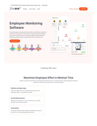 EmployeeMonitoring
Software
FlowaceEmployeeTracking Softwareprovidescomprehensiveinsightsinto
your team'stimeutilization.Gainaccessto valuableproductivity insights
and resourceutilizationreports,whilealso enabling targeted training to
addressany potential areasof improvement withinyour workforce.
Book a demo
Trustedby35K+users
MaximizeEmployeeEffortinMinimalTime
Elevateyour team'sperformanceand achieveoptimal resultswithour cutting-edgebest remoteemployeemonitoring
softwarethat offersreal-timeperformanceand data analytics.
WebsiteandAppUsage
Track and measuretimeonall websitesand appsthat your
employees,teams,or membersarevisiting.
ActivityMeasurement
Measurewhichemployeeismost productive,idle,or having
missing hoursanytime,anywhere
Screenshots
Customizescreenshot time,durationand enablethisoptionas
youseefit to stop unethical/suspiciousactivity.
⚡ATTENTION!50% Off FlowaceSolution.Book a Demo now!⚡FreeDemo
Features Howitworks Blog Pricing LiveDemo FreeTrial
 