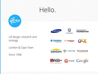 UX design, research and
strategy
London & Cape Town
!
Since 1998
!
Hello.
 