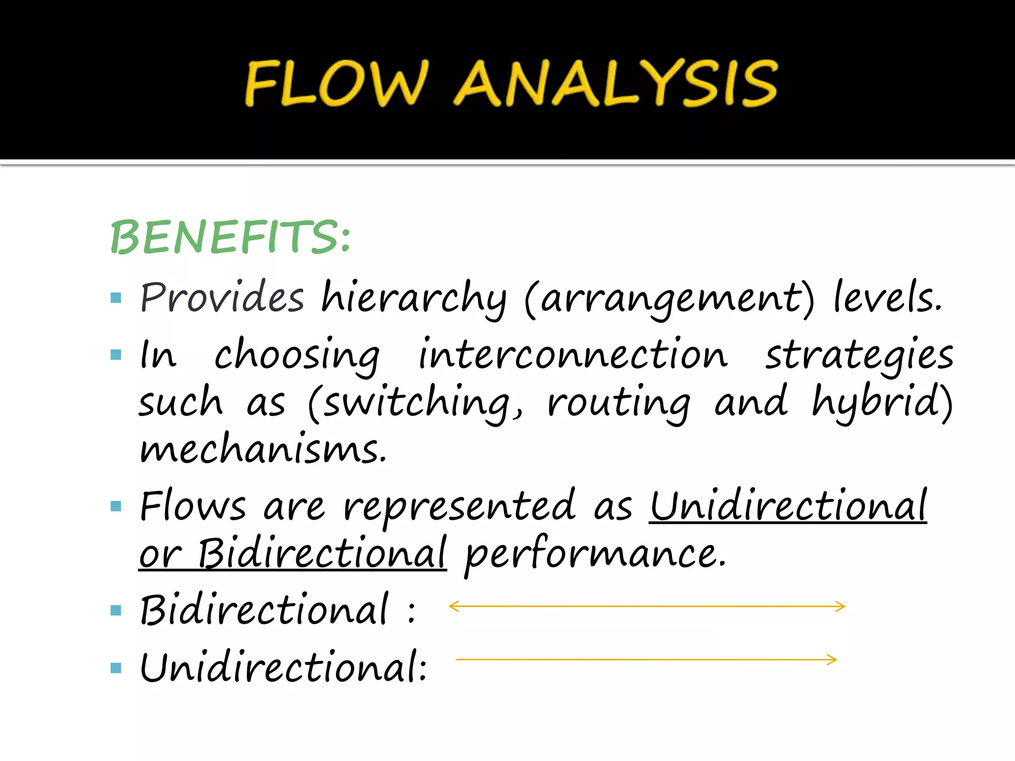 BENEFITS:
 Provides hierarchy (arrangement) levels.
 In choosing interconnection strategies
such as (switching, routing and hybrid)
mechanisms.
 Flows are represented as Unidirectional
or Bidirectional performance.
 Bidirectional :
 Unidirectional:
 